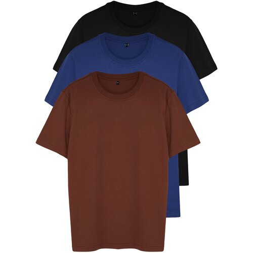 Trendyol Black-Brown-Navy Blue Basic Slim 100% Cotton 3 Pack Short Sleeve T-Shirts Cene