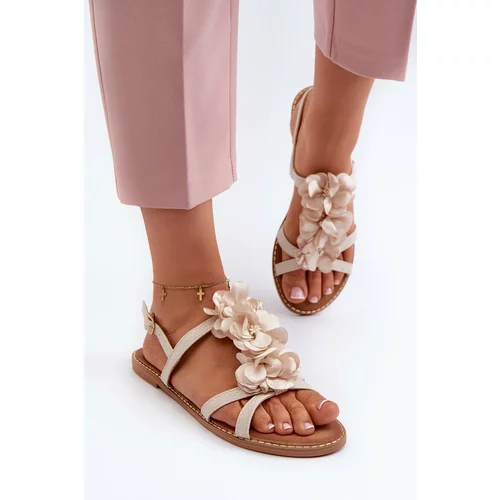 Kesi Women's flat sandals decorated with flowers, beige Abidina