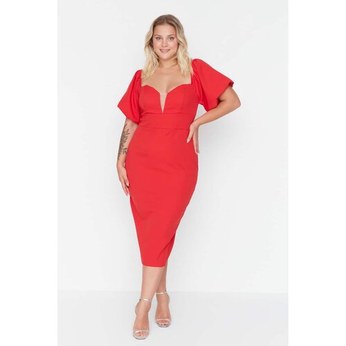 Trendyol curve Red Strapless Balloon Sleeve Woven Dress Slike