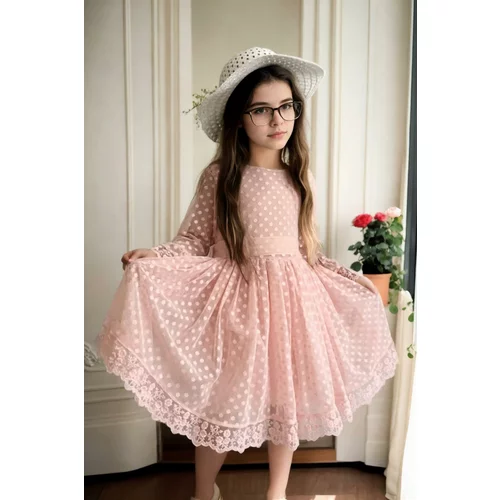 Dewberry N8712 Princess Model Girls Dress with Hat & Lace-PINK