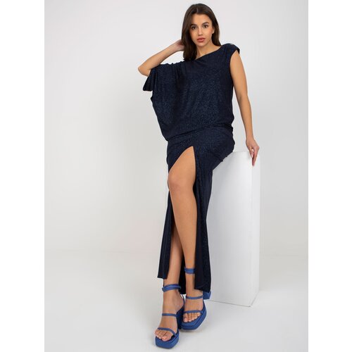 Fashion Hunters dark blue shiny evening dress with elastic waistband Slike