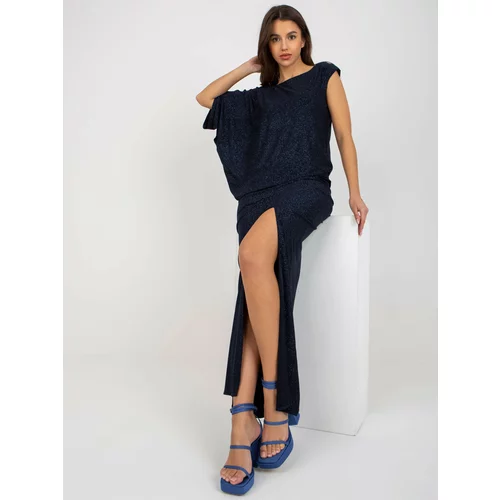 Fashionhunters Dark blue shiny evening dress with elastic waistband