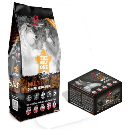 Alpha Spirit 12 kg The Only One + 9 x 35 g Snacks Mix gratis! - Multiprotein + Snacks mje&amp;scaron;ovito pakiranje Slike