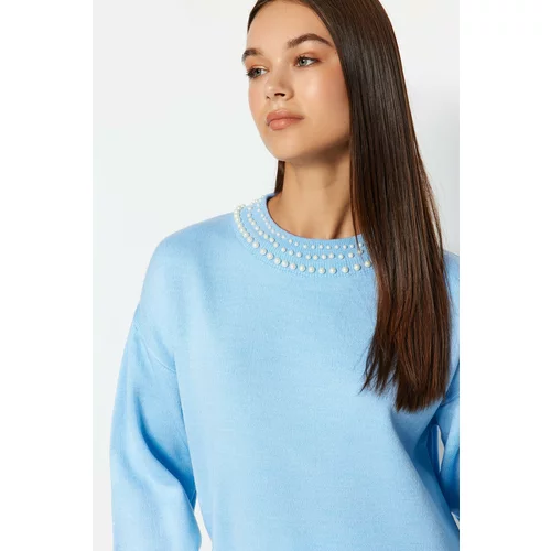 Trendyol Ice Blue Pearl Detailed Knitwear Sweater