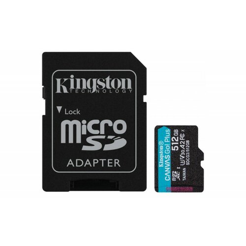 Kingston microsd 512GB, canvas go! plus, Class10 uhs-i U3 V30 A2, read up to 170MB/s, write up to 90MB/s, for 4K and fullhd video recording, w/sd adapter Slike