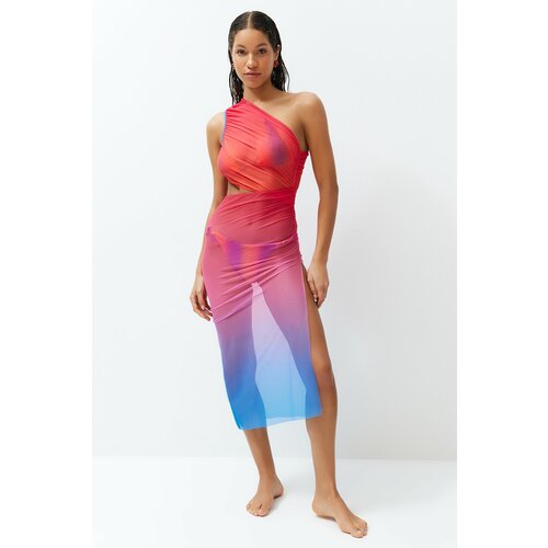 Trendyol gradient patterned fitted knitted cut out/window mesh one shoulder beach dress Cene
