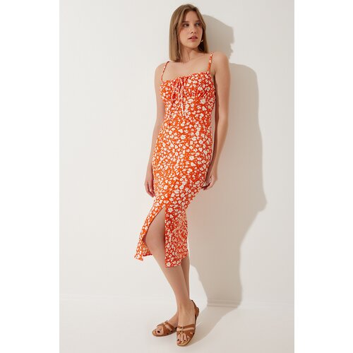  Women's Orange Floral Slit Knitted Dress Cene