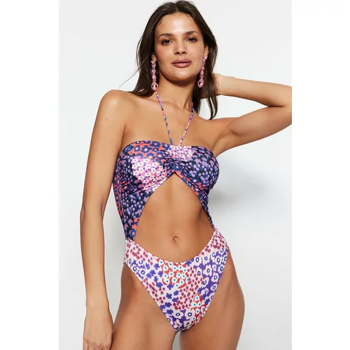 Trendyol Floral Patterned Strapless Print Mix High Leg Swimsuit