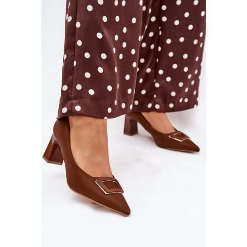 Boto Heels On A Block With Decorative Buckle Brown Seriva Slike