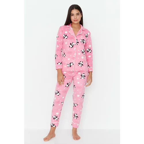 Trendyol Pink Panda Patterned Fleece Knitted Pajamas Set