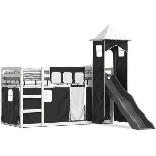 VidaXL Krevet na kat s toboganom i zavjesama bijelo-crni 90 x 190 cm Slike