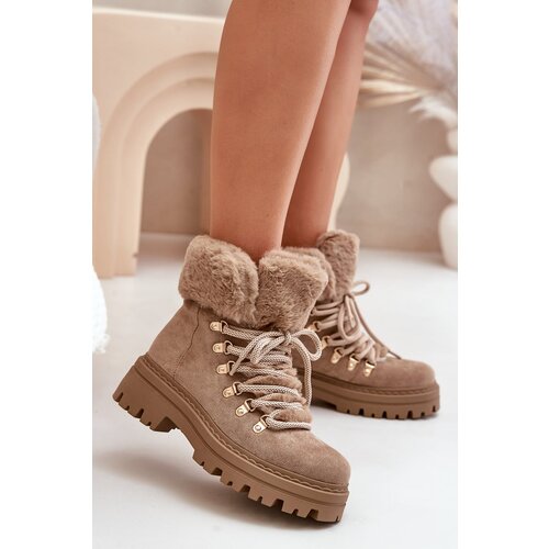 FI1 Lace Up Women Boots With Fur Dark Beige Vaminia Slike
