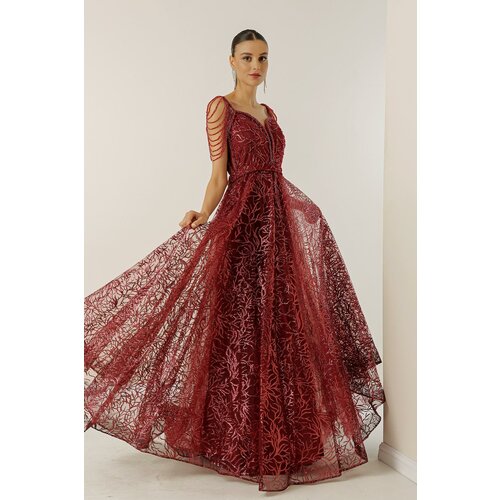By Saygı Lined with Beads, Glitter Flocked Print Long Dress Slike