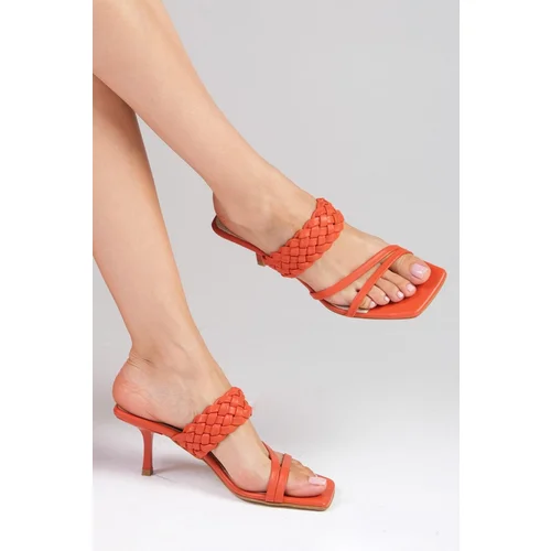 Mio Gusto Petra Women's Slippers From Genuine Leather Orange Color Heeled Shoes.