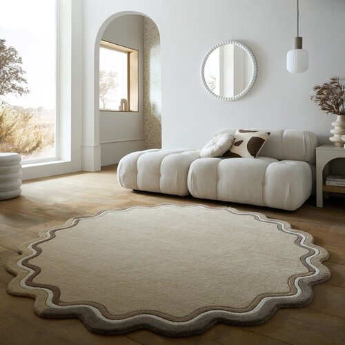 Flair Rugs Ročno tkana volnena okrogla preproga v naravni barvi &amp;oslash; 180 cm Leo Scallop &amp;ndash; Slike