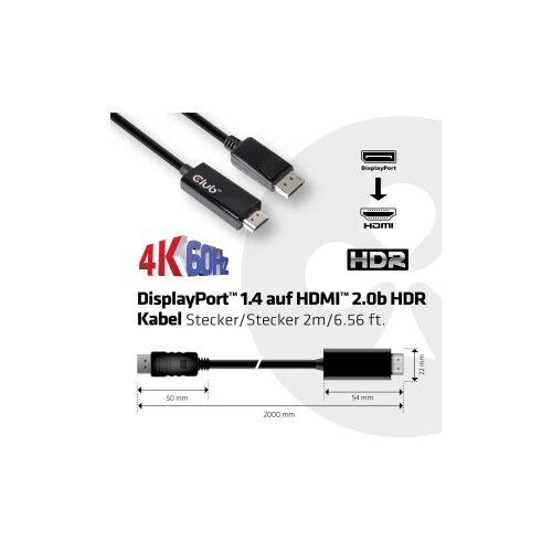 Club3d DisplayPort Priključni kabel [1x Mu&amp;scaron;ki konektor DisplayPort - 1x Mu&amp;scaron;ki konektor HDMI] 2 m Srebrna Slike