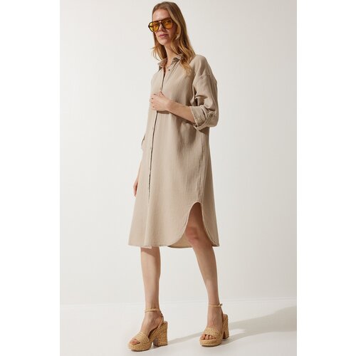  Women's Beige Oversize Muslin Shirt Dress Cene