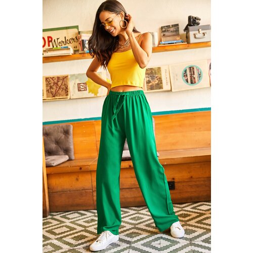 Olalook Women's Grass Green Belted Woven Viscon Palazzo Trousers Slike