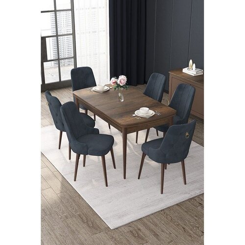 Hanah home trpezarijski set Nex, sto na razvlačenje i 6 stolica, ploča u dekoru drveta Baroque, antracit tkanina Babyface Cene