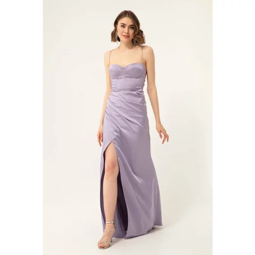 Lafaba Women's Lilac Stone Straps Long Satin Evening Dress with a Slit