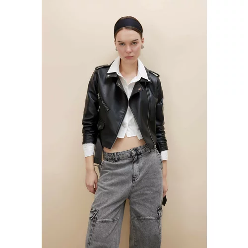 Defacto Relax Fit Faux Leather Belted Crop Biker Jacket