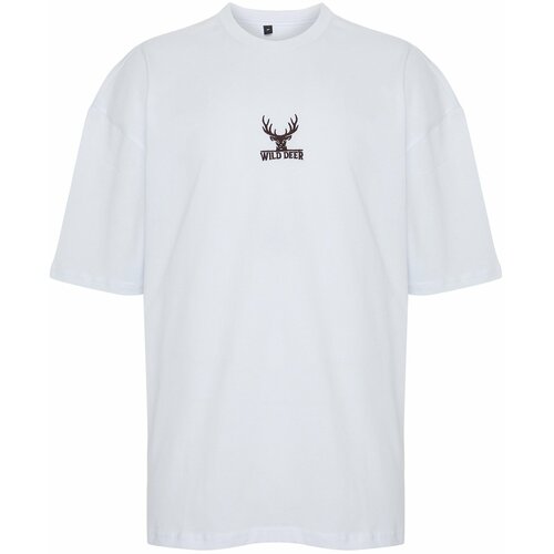 Trendyol Men's White Oversize Deer Embroidery 100% Cotton T-Shirt Cene