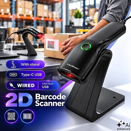 Qoltec 52750 &amp;ndash; Žični bralnik črtnih kodov 1D/2D in QR kod s postoljem, USB, črn Slike