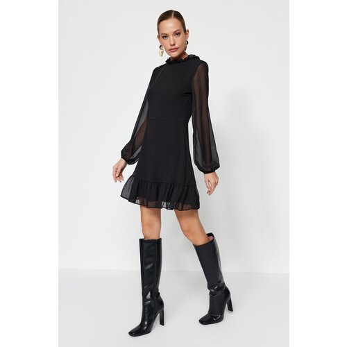 Trendyol Black A-line Ruffle Detail Mini Chiffon Woven Woven Dress Slike