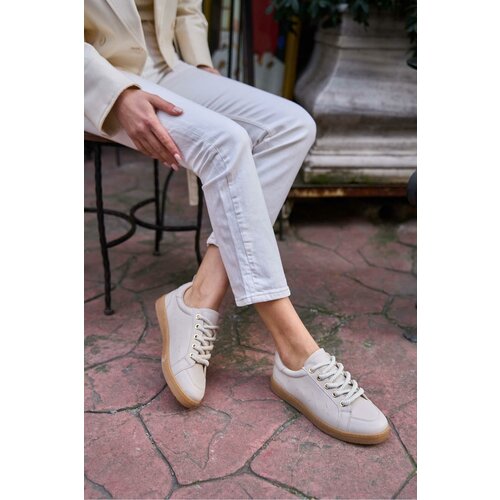 Madamra Women's Beige Thick Laced Leather Look Sneakers Slike
