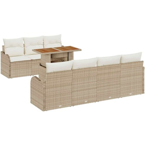vidaXL Set vrtnog name&scaron;taja od 8 delova s jastučićima, bež poli ratan acacia, Dvosjedna ba&scaron;tenska sofa s jastučićima, bež poli ratan Cijene