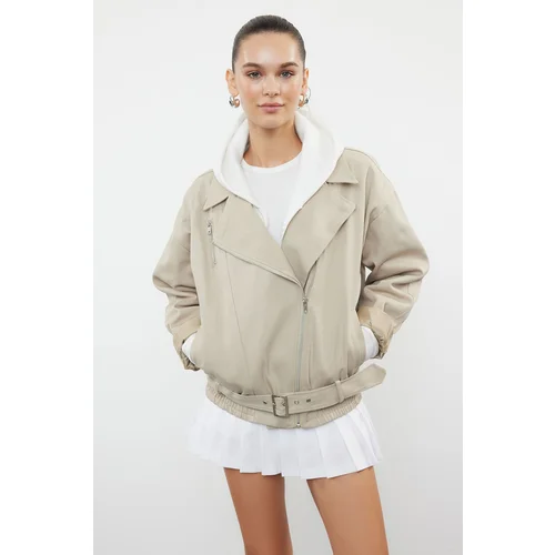 Trendyol Beige Oversize Belted Gabardine Biker Slim Jacket Coat