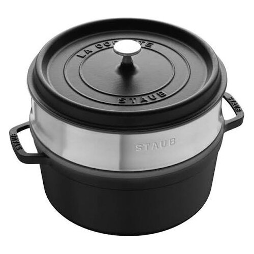 Staub La Cocotte 24cm rund, mit D&amp;auml;mpfeinsatz, schwarz Slike