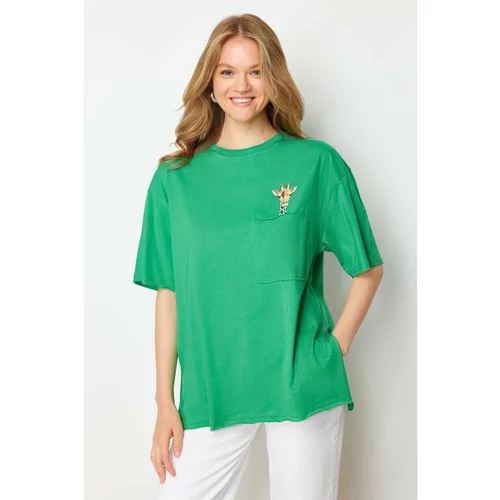 Trendyol Green 100% Cotton Oversize/Wide Fit Pocket Detailed Knitted T-Shirt