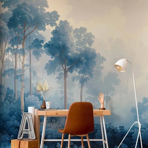 Foto tapeta - Landscape with Trees in Illustrative Style Fairy-Tale Blue Forest 98x70 Samoljepljiva Cijene