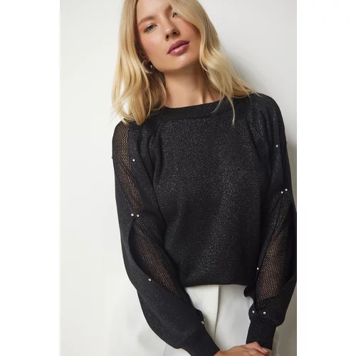 Happiness İstanbul Women's Black Transparent Sleeve Detail Glittery Knitwear Sweater