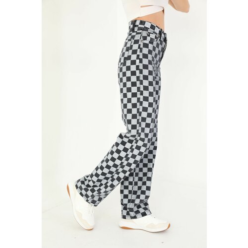 BİKELİFE Black Checkerboard Pattern High Waist Wide Leg Jeans Pants Slike