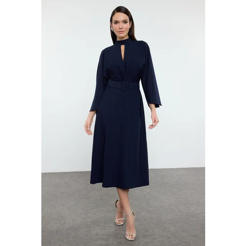 Trendyol Navy Blue Belt Detailed Woven Elegant Evening Dress