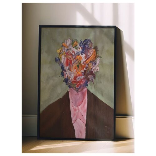 Wallxpert uramljena slika 115194, apstraktni portret sa licem od &amp;scaron;arenih poteza boje na zelenoj pozadini, 50 x 70 cm, crni ram Slike