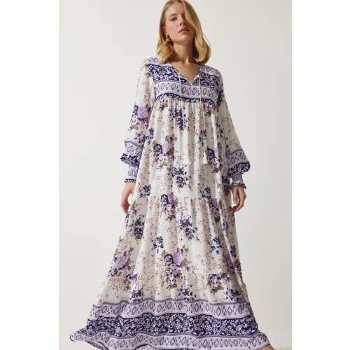 Happiness İstanbul Women's Lilac Patterned Oversize Long Viscose Dress