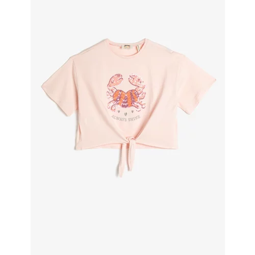 Koton Girls' T-Shirt with Tie Detail on the Front Short Sleeve Cotton with Crab Embroidered Detail.