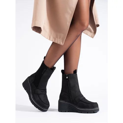 SHELOVET Black suede boots, heeled ankle boots