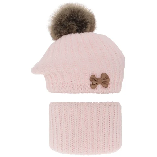 AGBO Girl's winter set: hat and tube scarf pink Polinezja with pompom