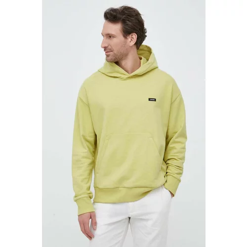 Calvin Klein Bombažen pulover moška, rumena barva, s kapuco