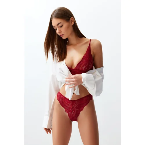 Trendyol Burgundy Lace Rope Strap Non-Covered Knitted Lingerie Set