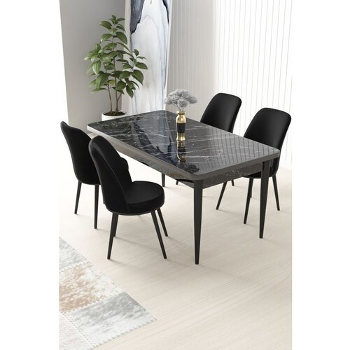 Hanah home Nil - Black Marble, Black Black MarbleBlack Dining Table & Chairs Set (5 Pieces) Cene
