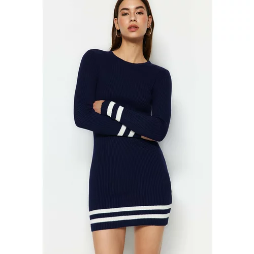 Trendyol Navy Blue Mini Sweater Dress With Striped Hem
