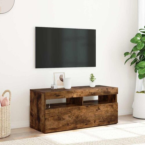  TV ormarić s LED svjetlima boja dimljenog hrasta 90x35x40 cm Smeđa Cijene