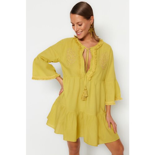 Trendyol Oil Green Mini Woven Embroidery 100% Cotton Beach Dress Slike