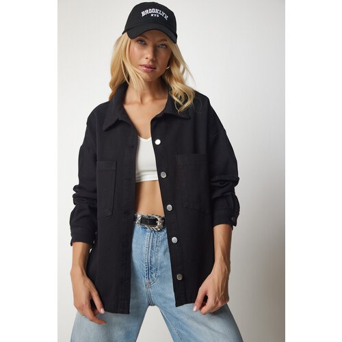  Women&amp;#039;s Black Gabardine Linen Shirt Jacket Slike