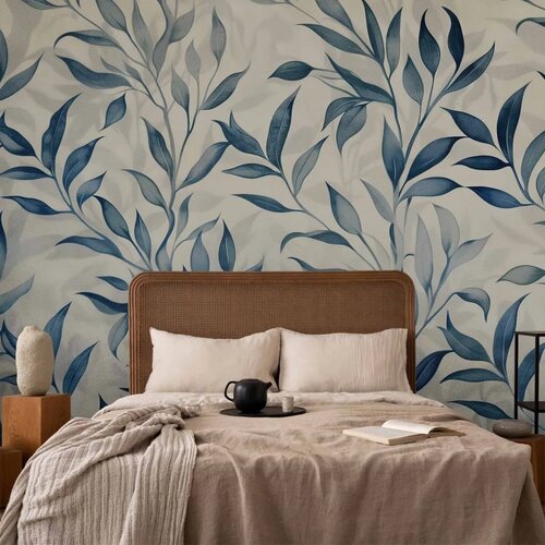 Foto tapeta - Leaves in Blue Colors Delicate Botanical Motif 343x256 Samoljepljiva Slike